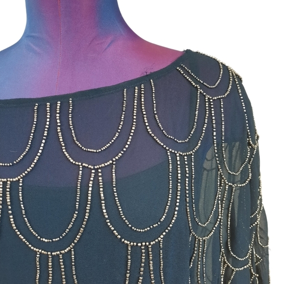 Cache Beaded Blouson Navy Chiffon Cocktail Dress Size 2‎ Women's - Picture 4 of 12